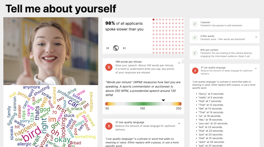 woman reviewing Voomer video interview assessment metrics